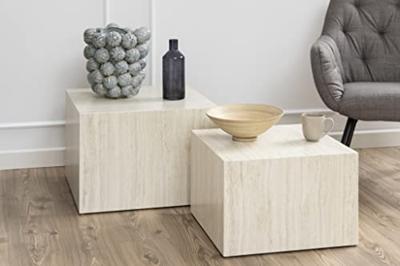 Bendt Vierkante Salontafel 'Flavian' Travertin look, Set van 2 stuks