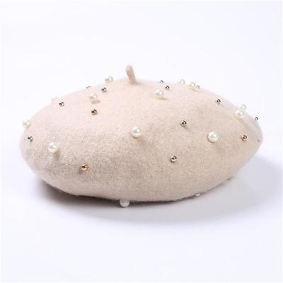 Winter Autumn Women Pearl Rivet Wool Berets Size:M?56-58cm?(Beige)
