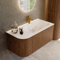 Mondiaz KURVE-DLUX 95 cm Onderkast Greeploos 1 Lade Met Deuren Walnut, Wastafel Solid Surface Rechts Frappe 1 Kraangat Zonder Spiegel (KRVBGS95L1L1D1KR-Wal/Fra) - thumbnail
