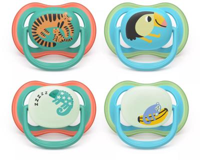 Verpakking van 4 Ultra Air fopspenen - PHILIPS AVENT - SCF087/27 - Dag en Nacht - BPA-vrij - 6-18 maanden - Groen/Oranje