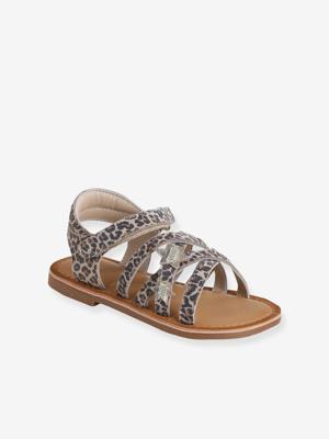 Sandalen met klittenband van leer voor kinderen, kleuterschoolcollectie beige, bedrukt