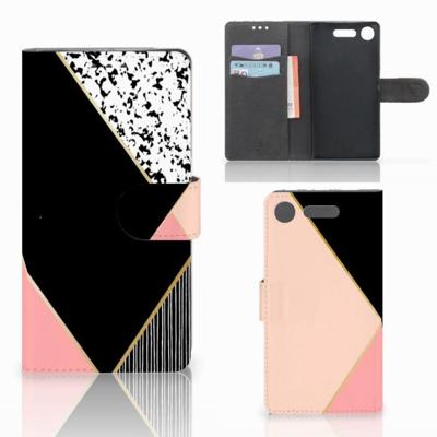 Sony Xperia XZ1 Book Case Zwart Roze Vormen Sony Xperia XZ1 Book Case Zwart Roze Vormen