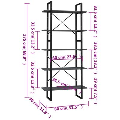 Boekenkast met 5 schappen 80x30x175 cm bewerkt hout grijs