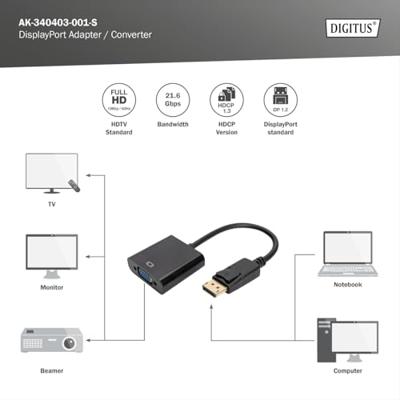Digitus AK-340403-001-S DisplayPort / VGA Adapter [1x DisplayPort stekker - 1x VGA-bus] Zwart 15.00 cm