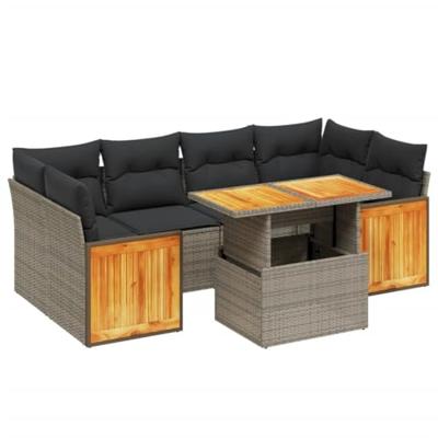 7-delige Loungeset met kussens poly rattan grijs