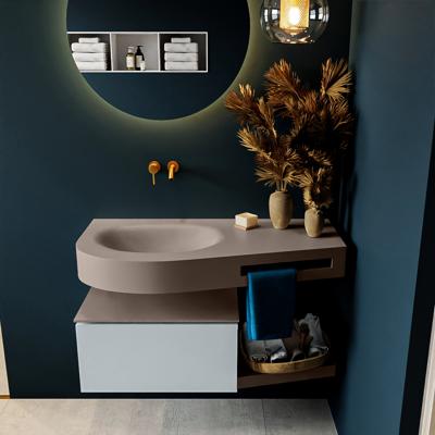 MONDIAZ RIVA 100cm badmeubel onderkast / planchet kleur Clay met 1 lade. Wastafel DULCET links 0 kraangaten kleur Smoke.