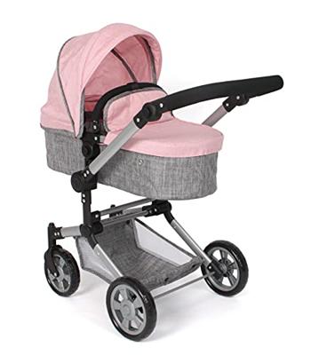 Combi-poppenwagen Linus Plus - Melange Grijs Roze