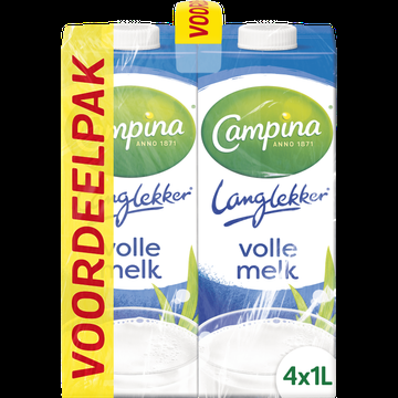 Campina Langlekker volle melk voordeel 4 x 1 L bij Jumbo