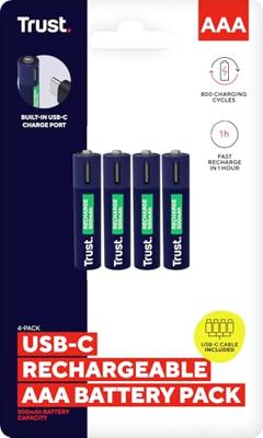 Trust Via USB-C oplaadbare AAA-batterijen (4 stuks) Batterij Blauw