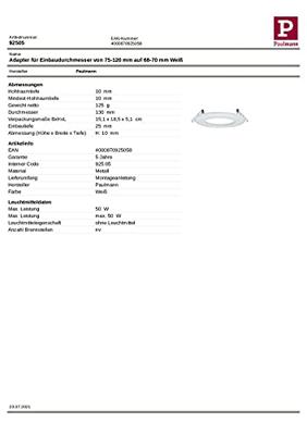 Paulmann 92505 Inbouwadapter 50 W Wit