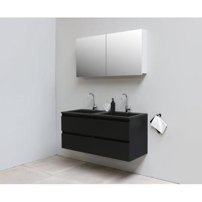 On-Line Badkamermeubelset - 120 cm - Voorgemonteerd - Ladestructuur - Acryl Wastafel - 2 Kraangaten - Spiegelkast - Mat Zwart