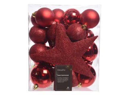 Decoris kerstballen Plastic mix+piek 33st kerstrood