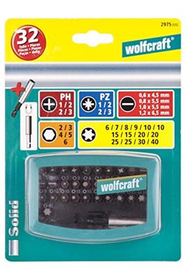 Wolfcraft 2975000 Bitset 32-delig Plat, Kruiskop Phillips, Kruiskop Pozidriv, Inbus, Binnen-zesrond (TX)