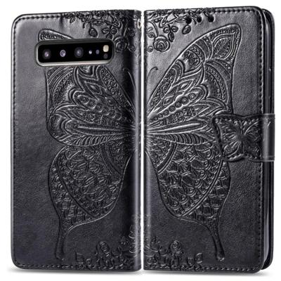 Butterfly Love bloemen reliëf horizontale Flip lederen case voor Galaxy S10 5G met houder & kaartsleuven & portemonnee & Lanyard (zwart)
