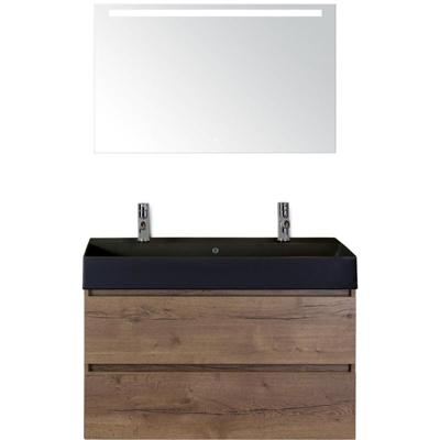 Maxx XL Badmeubelset 100 cm - Tabacco - Wastafel Kube Zwart 2 Kraangaten met LED Spiegel