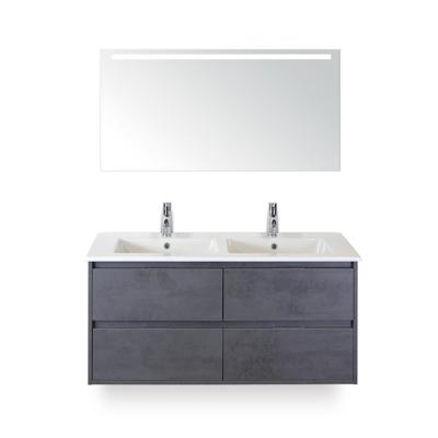 Porto Badmeubelset 120 cm - 4 laden Beton Antrac - Keramische Wastafel Wit Slim - met Sence Spiegel