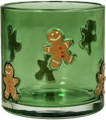 Kersten theelichthouder glas peperkoekmannetje 10x10cm groen