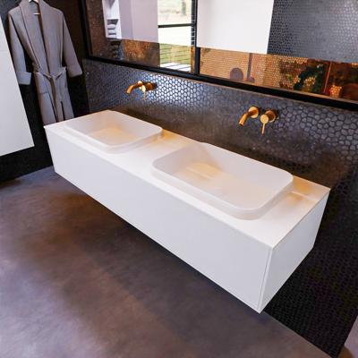 Badkamermeubelset Mondiaz Erin 150 cm met 1 Lade met RIDGE Wastafel Dubbel Talc Zonder Kraangaten Greeploos Mat Cale