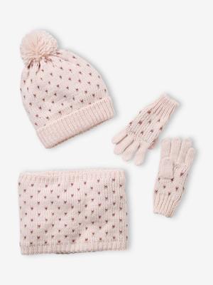 Set muts + snood + handschoenen met hartjes meisje roze