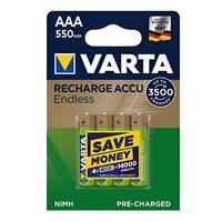 VARTA Recharge Accu Endless Energy AAA Micro Ni-Mh accu verpakking met 4 stuks 550 mAh - tot 3500 laadcyclussen, lage zelfontlading, voorgeladen en Ready2Use - herlaadbaar zonder memory-effect - thumbnail