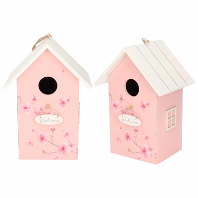 2x Nestkast/vogelhuisje hout roze met wit dak 15 x 12 x 22 cm - Vogelhuisjes