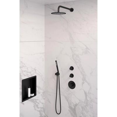 Black Edition thermostatische inbouw regendouche SET 03 | 20 cm douchekop | gebogen muurarm | staaf handdouche | doucheslang | wandaansluitbocht | mat zwart