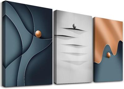 Schilderij - Modern abstract, blauw/grijs/brons, 120x80 cm. 3 luik, wanddecoratie