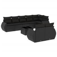 9-delige Loungeset met kussens poly rattan zwart - thumbnail