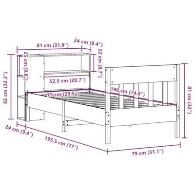 Bed met boekenkast zonder matras massief grenenhout 75x190 cm