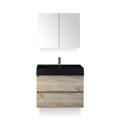 Maxx XL Badmeubelset 80 cm - Craft Oak - Wastafel Kube Zwart 1 kraangat - met Spiegelkast