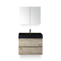 Maxx XL Badmeubelset 80 cm - Craft Oak - Wastafel Kube Zwart 1 kraangat - met Spiegelkast - thumbnail