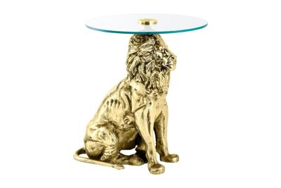 Ronde bijzettafel WILDLIFE LION 60cm Goud Antiek Metaal Glas Leeuw Sculptuur - 44827