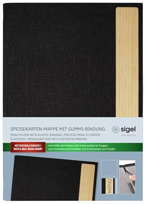 Sigel SM220 Menumap Bambus DIN A4 1 stuk(s) Incl. 2 dubbele transparante hoezen voor 8 paginas, Rubberen binding Donkergrijs, Beige