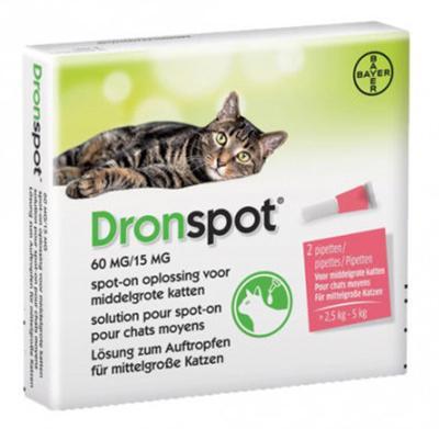Dronspot 60 mg/15 mg Spot-on oplossing voor katten (2,5 - 5 kg) 2 pipetten Dronspot 60 mg/15 mg Spot-on oplossing voor katten (2,5 - 5 kg) 2 pipetten