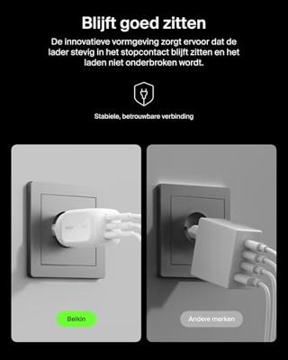 Belkin 3-poorts USB-C Oplader, 100 W GaN Charger, Oplader met 2 USB-C-poorten, 1 USB-A-poort en EU/UK/US-stekkers, voor o.a. MacBook, iPhone, iPad Pro, Samsung Galaxy, Google Pixel- Wit