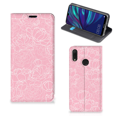 Huawei Y7 hoesje Y7 Pro (2019) Smart Cover White Flowers Huawei Y7 hoesje Y7 Pro (2019) Smart Cover White Flowers