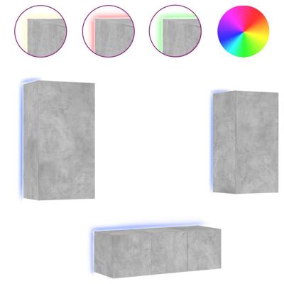 4-delige Tv-wandmeubelset met LED bewerkt hout betongrijs - thumbnail