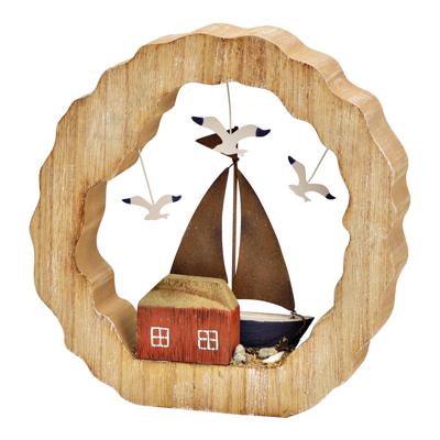 Opsteller zeilboot in cirkel van hout/metaal blauw (B/H/D) 21 x 21 x 4 cm