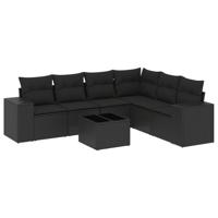 7-delige Loungeset met kussens poly rattan zwart - thumbnail