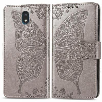 Voor LG K30 2019 Butterfly Love Flower reliëf horizontale Flip lederen draagtas met beugel Lanyard Card slot portemonnee (grijs)