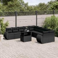 11-delige Loungeset met kussens poly rattan zwart - thumbnail