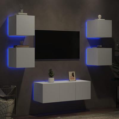 6-delige Tv-wandmeubelset met LED-verlichting bewerkt hout wit - thumbnail