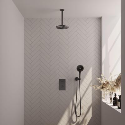 Regendoucheset Inbouw Brauer Gunmetal Carving Thermostatisch 20 cm met 3-Weg Omstelling, Plafondarm en 3-Standen Handdouche Geborsteld Gunmetal Brauer