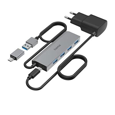 Hama - USB A hub met type C adapter, 4 USB A, USB 3.2 Gen 1, tot 5 Gb/s, voeding, aluminium