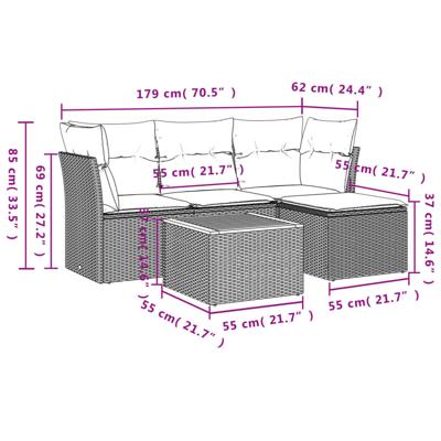 5-delige Loungeset met kussens poly rattan grijs