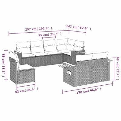 8-delige Loungeset met kussens poly rattan grijs