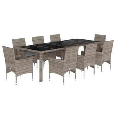 9-delige Tuinset met kussens poly rattan en glas grijs