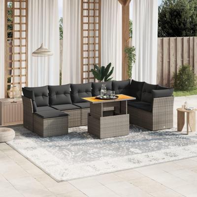 9-delige Loungeset met kussens poly rattan grijs