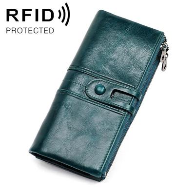 3520 Long Cowhide Leather Folding Anti-magnetic RFID Wallet for Ladies with Card Slots(Blue)