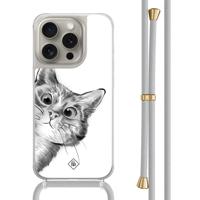 iPhone 15 Pro hoesje met grijs koord - Peekaboo kat - thumbnail